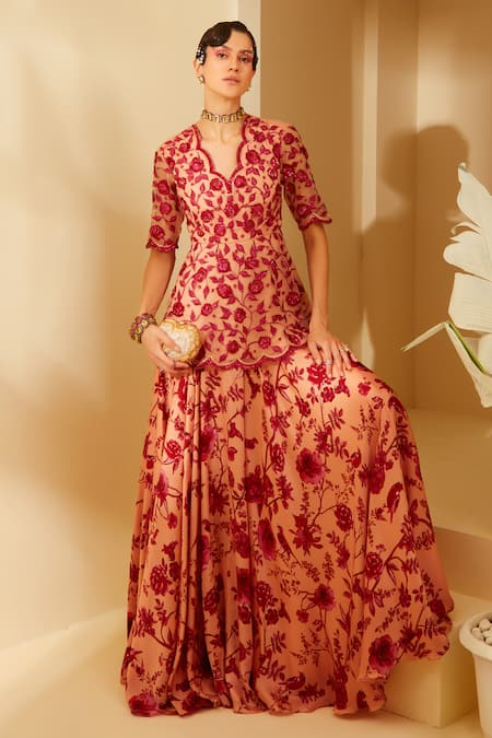 Sachkiran Bimbra Peach Satin Printed And Embroidered Rose V Amber Skirt & Peplum Kurta Set
