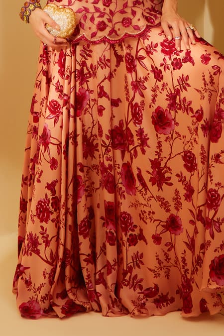 Sachkiran Bimbra_Peach Satin, Organza Sequins, Diamonds, Amber Printed Skirt And Peplum Kurta Set _Online_at_Aza_Fashions