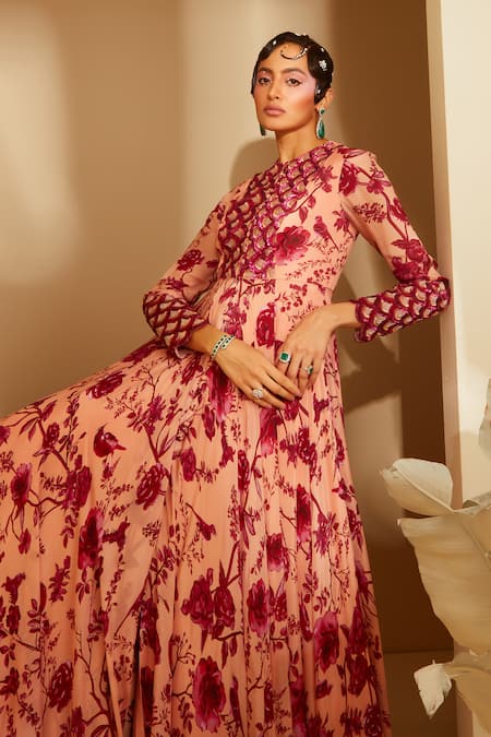 Sachkiran Bimbra Ruby Rose Print Flared Anarkali 