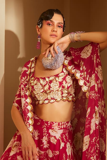 Sachkiran Bimbra Flaming Rose Print Cape Palazzo Set 