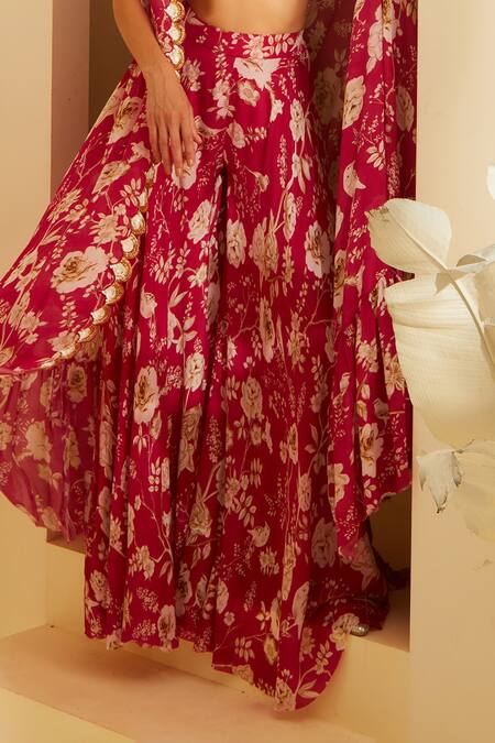 Sachkiran Bimbra_Fuchsia Organza, Chiffon Sequins, Diamonds Flaming Rose Print Cape Palazzo Set _Online_at_Aza_Fashions