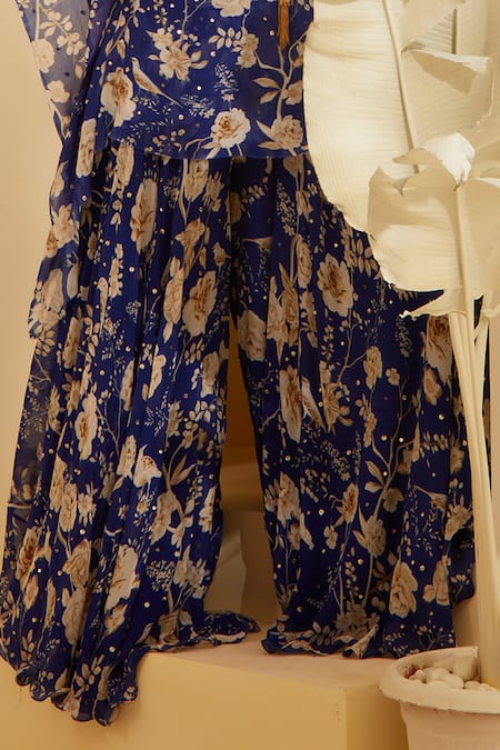 Sachkiran Bimbra_Blue Chiffon, Organza Sequins Keyhole Neck Gloria Rose Print Kaftan And Pant Set _Online_at_Aza_Fashions