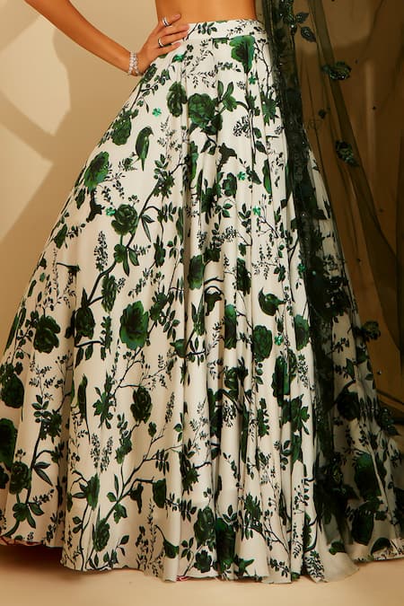 Sachkiran Bimbra_White Chiffon, Net Sequins, Diamonds, Embroidery Gemma Rose Print Lehenga Set _Online_at_Aza_Fashions