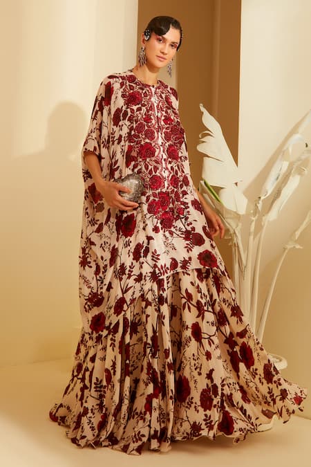 Sachkiran Bimbra Garnet Rose Print Kaftan & Pant Set 