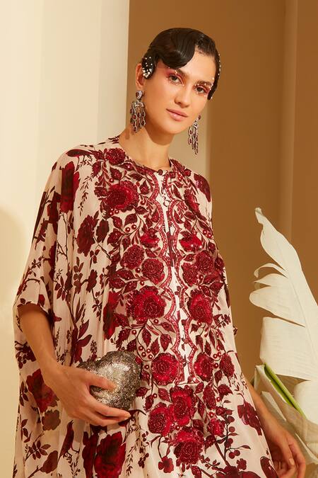 Shop_Sachkiran Bimbra_Cream Chiffon, Organza Embroidery, Sequins, Garnet Rose Print Kaftan And Pant Set _at_Aza_Fashions