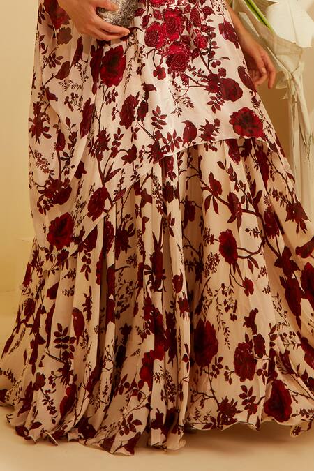 Sachkiran Bimbra_Cream Chiffon, Organza Embroidery, Sequins, Garnet Rose Print Kaftan And Pant Set _Online_at_Aza_Fashions