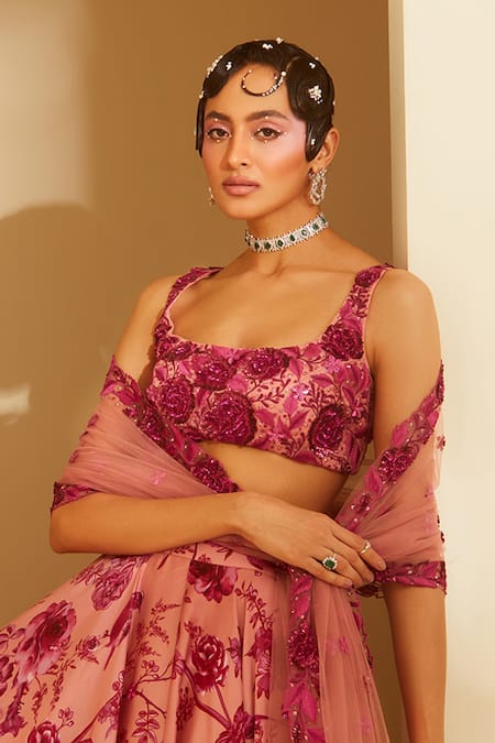 Sachkiran Bimbra Rubellite Rose Print Lehenga Set 