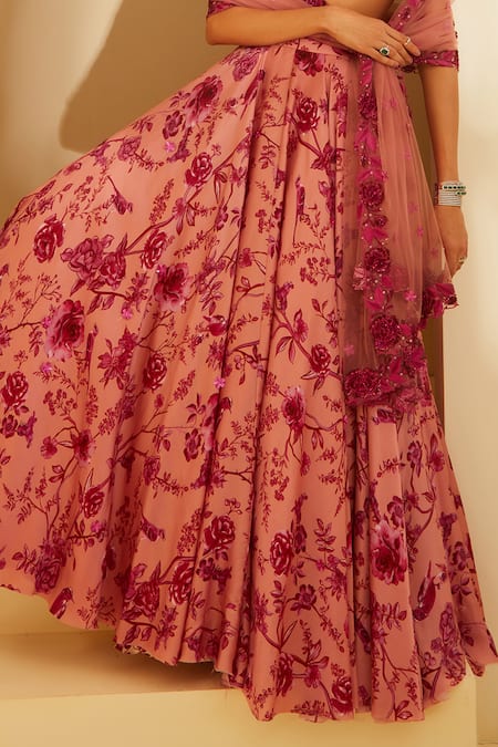 Sachkiran Bimbra_Pink Chiffon, Net Sequins Round Neck Rubellite Rose Print Lehenga Set _Online_at_Aza_Fashions