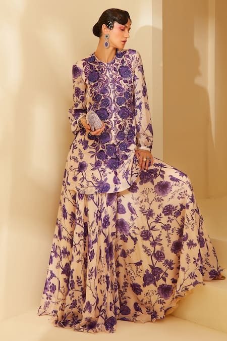 Sachkiran Bimbra Amethyst Rose Print Kurta & Sharara Set 