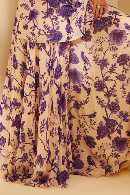 Sachkiran Bimbra_Cream Chiffon, Organza Sequins, Amethyst Rose Print Kurta And Sharara Set _Online_at_Aza_Fashions
