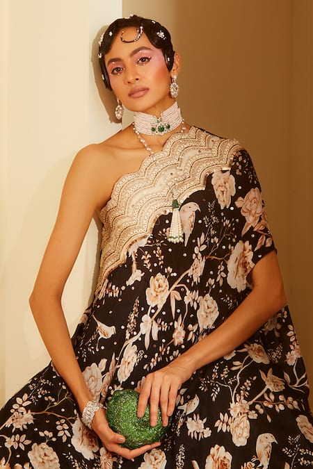 Sachkiran Bimbra Onyx Rose Print Kaftan & Pant Set 