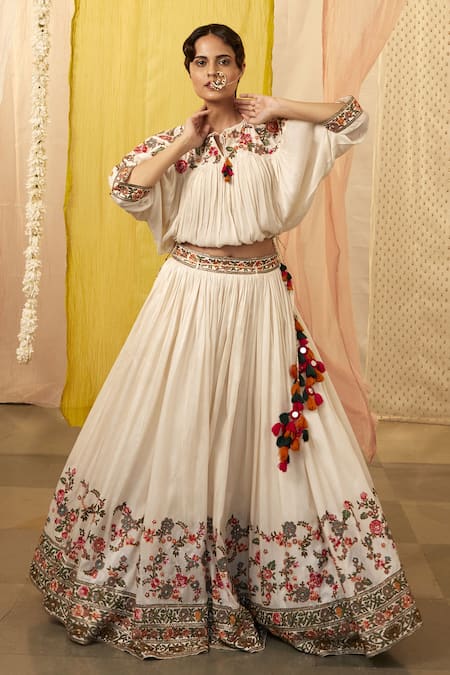 Shraddha Rambhia_Ivory Slub Silk Printed And Embroidered Thread Keyhole Pleated Lehenga & Top Set_Online_at_Aza_Fashions