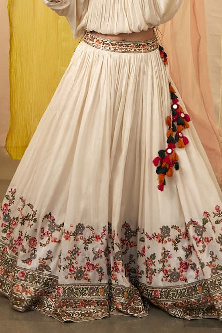 Buy_Shraddha Rambhia_Ivory Slub Silk Printed And Embroidered Thread Keyhole Pleated Lehenga & Top Set_Online_at_Aza_Fashions