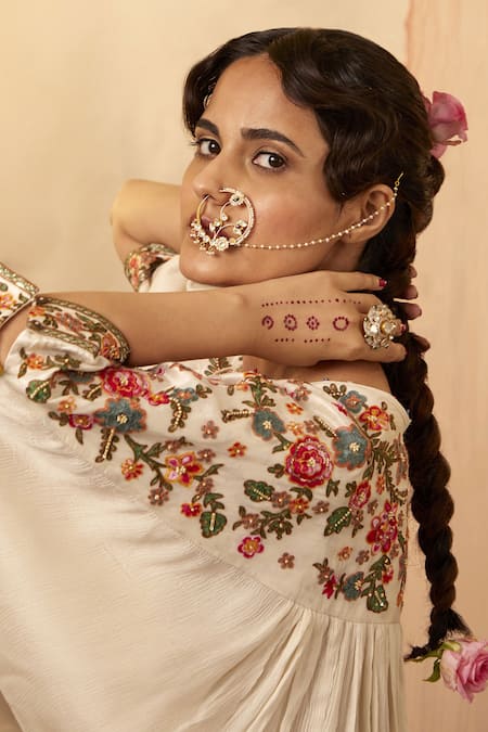 Shop_Shraddha Rambhia_Ivory Slub Silk Printed And Embroidered Thread Keyhole Pleated Lehenga & Top Set_Online_at_Aza_Fashions