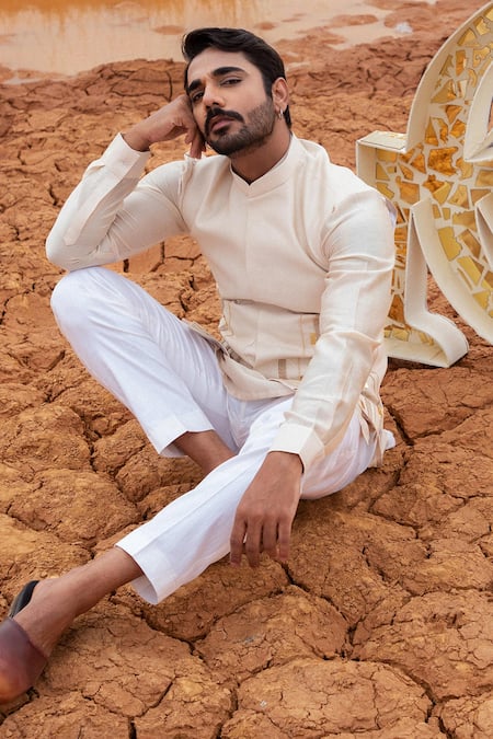 Runit Gupta Beige Hand Embroidered Bundi Set 