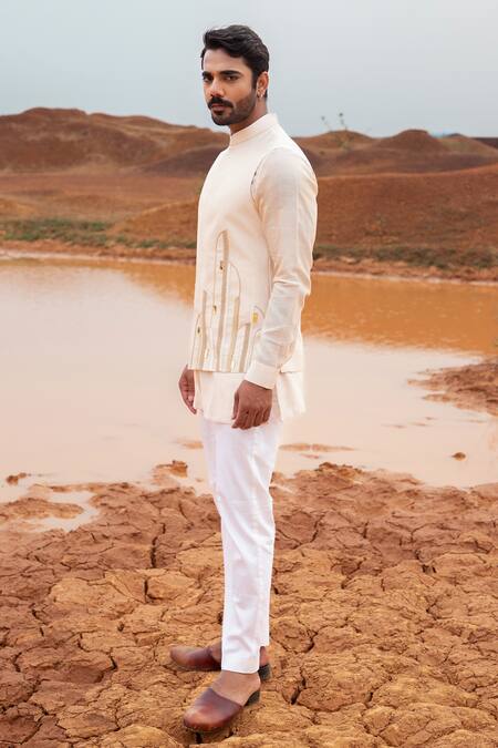 Runit Gupta_Beige Bundi And Kurta Chanderi Silk Hand Embroidered Beads Set _Online_at_Aza_Fashions