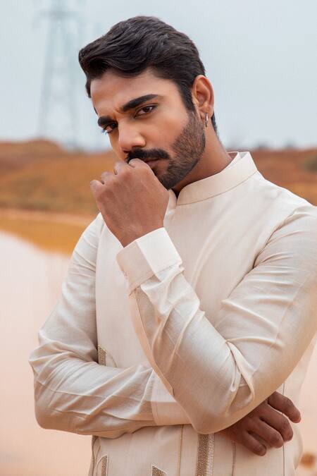 Runit Gupta_Beige Bundi And Kurta Chanderi Silk Hand Embroidered Beads Set _at_Aza_Fashions