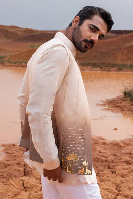 Buy_Runit Gupta_Brown Chanderi Silk Embroidery Ombre Hand Bundi _Online_at_Aza_Fashions