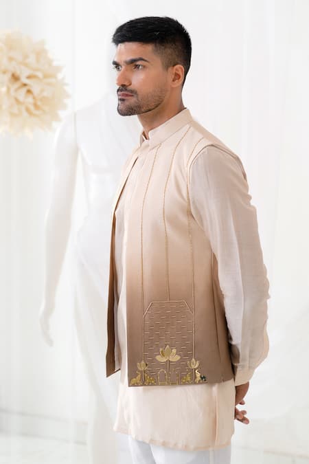 Runit Gupta_Brown Chanderi Silk Embroidery Ombre Hand Bundi _at_Aza_Fashions