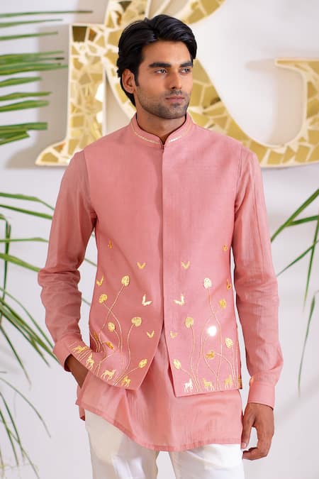 Runit Gupta Pink Hand Embroidered Bundi & Kurta Set 