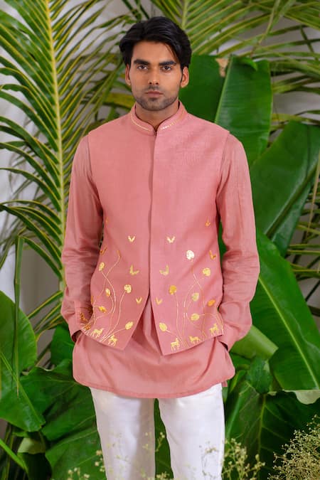 Runit Gupta_Pink Bundi Chanderi Silk Hand Embroidered Monstera And Kurta Set _at_Aza_Fashions