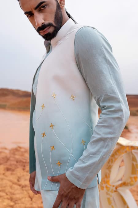 Runit Gupta_Blue Chanderi Silk Cut Work, Embroidery Hand Bundi _Online_at_Aza_Fashions