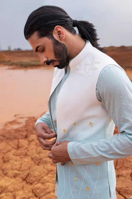 Buy_Runit Gupta_Blue Chanderi Silk Cut Work, Embroidery Hand Bundi _Online_at_Aza_Fashions