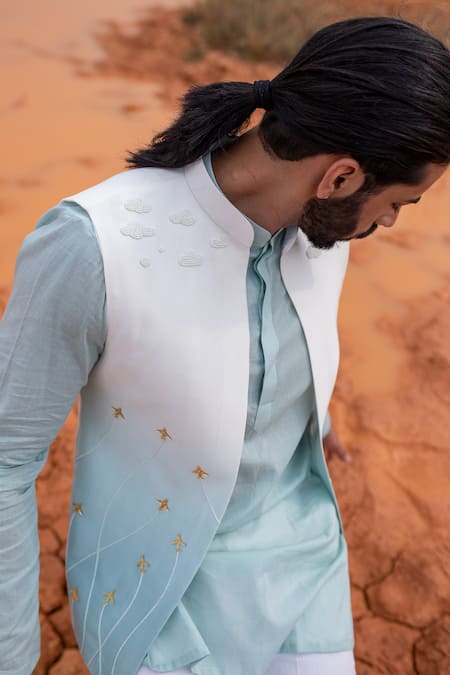 Shop_Runit Gupta_Blue Chanderi Silk Cut Work, Embroidery Hand Bundi _Online_at_Aza_Fashions