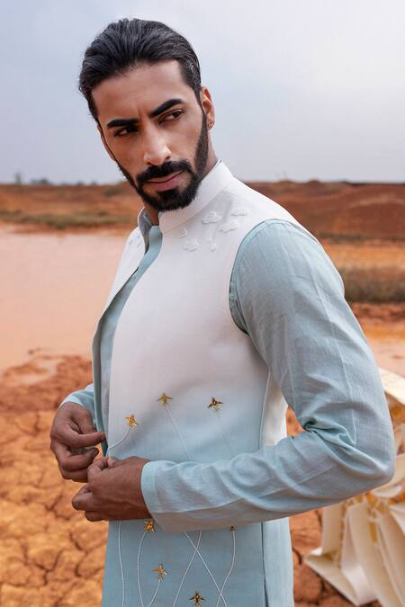 Buy_Runit Gupta_Blue Bundi Chanderi Silk Hand Embroidered Aeroplane Motifs And Kurta Set _Online_at_Aza_Fashions