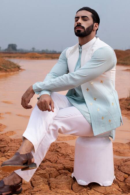 Shop_Runit Gupta_Blue Bundi Chanderi Silk Hand Embroidered Aeroplane Motifs And Kurta Set _Online_at_Aza_Fashions