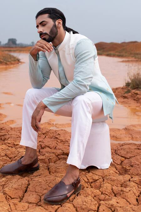 Runit Gupta_Blue Bundi Chanderi Silk Hand Embroidered Aeroplane Motifs And Kurta Set _at_Aza_Fashions