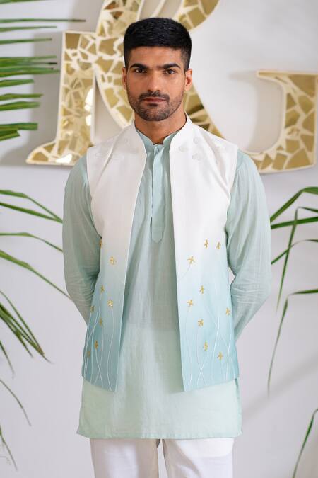 Buy_Runit Gupta_Blue Bundi Chanderi Silk Hand Embroidered Aeroplane Motifs And Kurta Set 