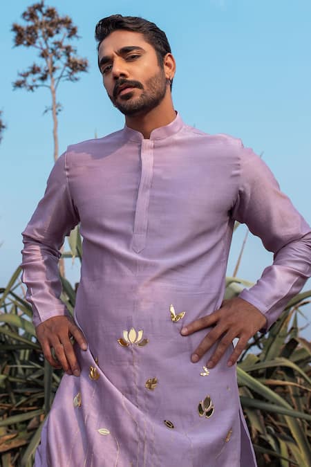 Shop_Runit Gupta_Purple Kurta Chanderi Silk Hand Embroidered Lotus Kingdom Set _at_Aza_Fashions