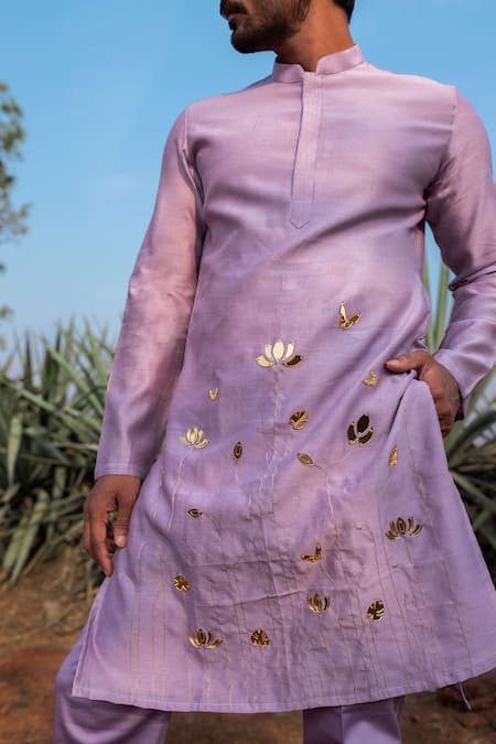 Runit Gupta_Purple Kurta Chanderi Silk Hand Embroidered Lotus Kingdom Set _Online_at_Aza_Fashions
