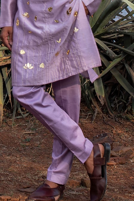 Buy_Runit Gupta_Purple Kurta Chanderi Silk Hand Embroidered Lotus Kingdom Set _Online_at_Aza_Fashions