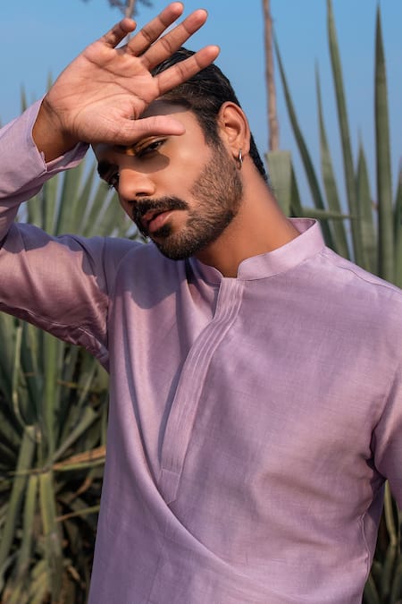 Runit Gupta_Purple Kurta Chanderi Silk Hand Embroidered Lotus Kingdom Set _at_Aza_Fashions