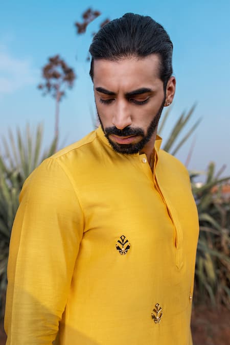 Buy_Runit Gupta_Yellow Kurta Chanderi Silk Hand Embroidered Moth Motifs Short And Pant Set _Online_at_Aza_Fashions