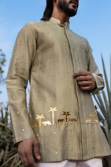 Runit Gupta Green Kurta Chanderi Silk Hand Embroidered Tiger Khakhi Set For Kids Online at Aza Fashions Runit Gupta_Green Kurta Chanderi Silk Hand Embroidered Tiger Khakhi Set For Kids_Online_at_Aza_Fashions