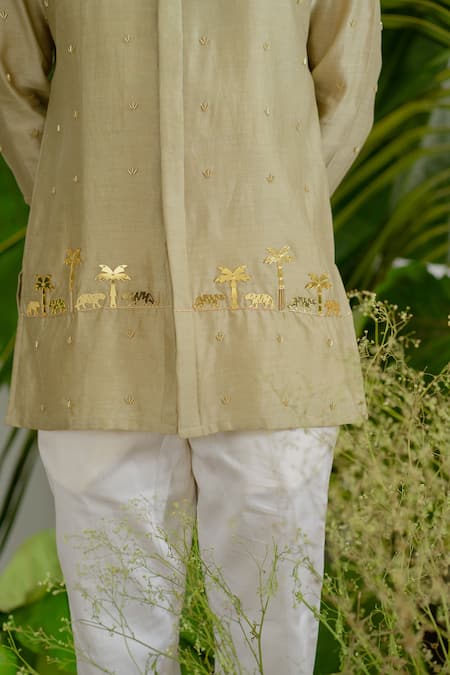 Buy Runit Gupta Green Kurta Chanderi Silk Hand Embroidered Tiger Khakhi Set For Kids Online at Aza Fashions Buy_Runit Gupta_Green Kurta Chanderi Silk Hand Embroidered Tiger Khakhi Set For Kids_Online_at_Aza_Fashions