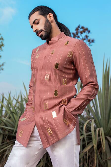 Runit Gupta_Pink Kurta Chanderi Silk Hand Embroidered Khidki Majestic Short Set _Online_at_Aza_Fashions