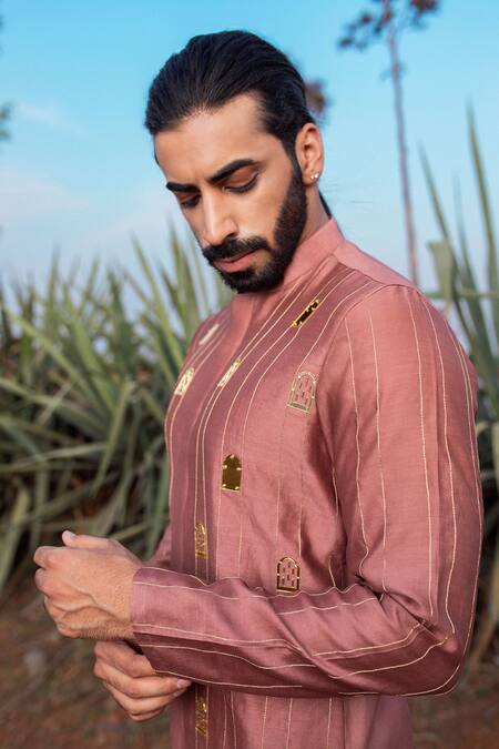 Buy_Runit Gupta_Pink Kurta Chanderi Silk Hand Embroidered Khidki Majestic Short Set _Online_at_Aza_Fashions