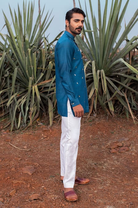 Runit Gupta Blue Kurta Chanderi Silk Hand Embroidered Abstract Short Set Online at Aza Fashions Runit Gupta_Blue Kurta Chanderi Silk Hand Embroidered Abstract Short Set _Online_at_Aza_Fashions