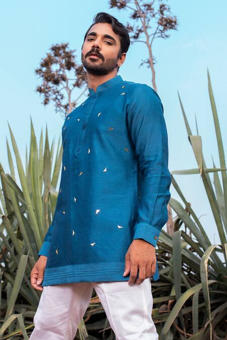 Buy Runit Gupta Blue Kurta Chanderi Silk Hand Embroidered Abstract Short Set Buy_Runit Gupta_Blue Kurta Chanderi Silk Hand Embroidered Abstract Short Set