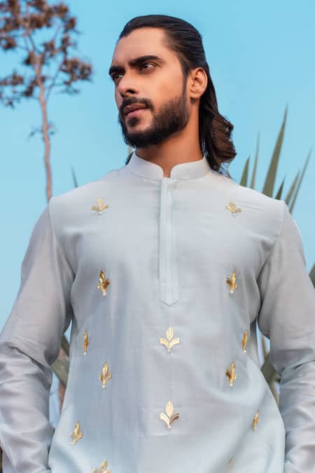 Shop Runit Gupta Blue Chanderi Silk, Velour Pearls, Embroidery Paradise Short Kurta Set Online at Aza Fashions Shop_Runit Gupta_Blue Chanderi Silk, Velour Pearls, Embroidery Paradise Short Kurta Set _Online_at_Aza_Fashions