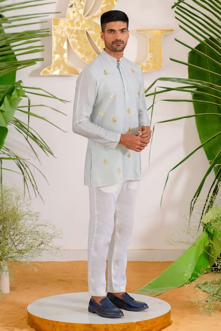 Runit Gupta Blue Chanderi Silk, Velour Pearls, Embroidery Paradise Short Kurta Set at Aza Fashions Runit Gupta_Blue Chanderi Silk, Velour Pearls, Embroidery Paradise Short Kurta Set _at_Aza_Fashions