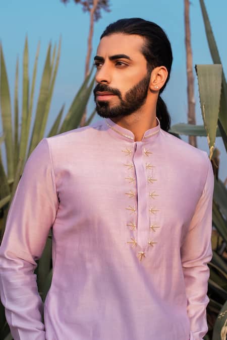 Shop_Runit Gupta_Purple Kurta Chanderi Silk Hand Embroidered Cutpipes Set _at_Aza_Fashions