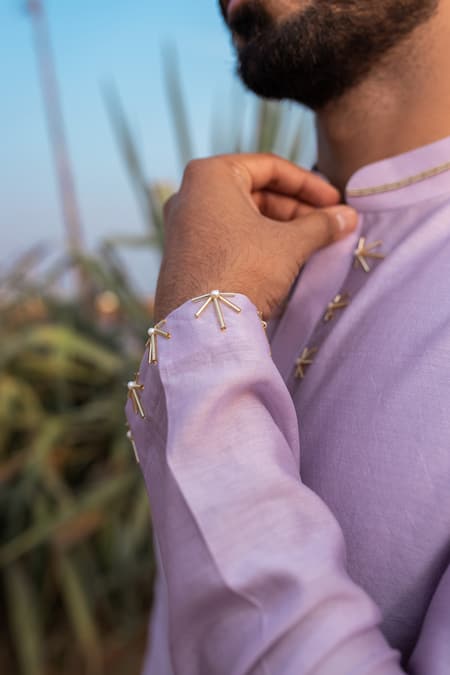 Buy_Runit Gupta_Purple Kurta Chanderi Silk Hand Embroidered Cutpipes Set _Online_at_Aza_Fashions