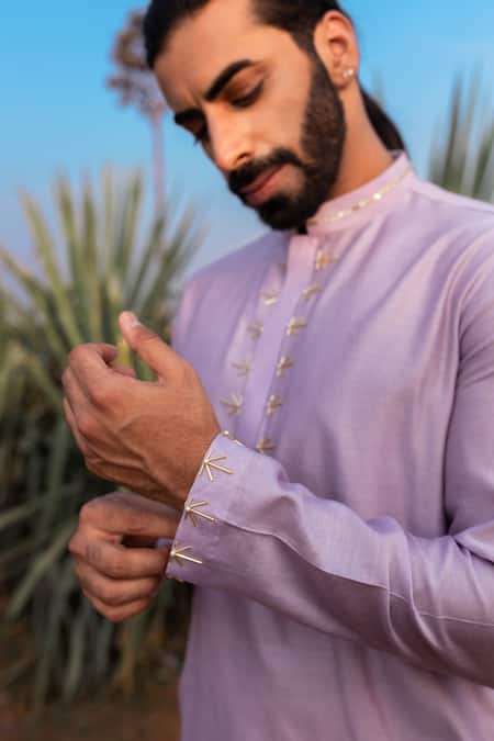 Shop_Runit Gupta_Purple Kurta Chanderi Silk Hand Embroidered Cutpipes Set _Online_at_Aza_Fashions