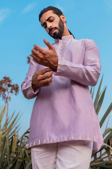 Runit Gupta_Purple Kurta Chanderi Silk Hand Embroidered Cutpipes Set _at_Aza_Fashions