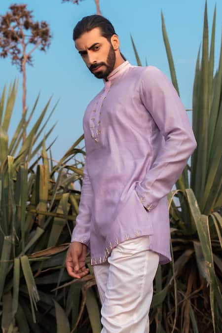 Buy_Runit Gupta_Purple Kurta Chanderi Silk Hand Embroidered Cutpipes Set 